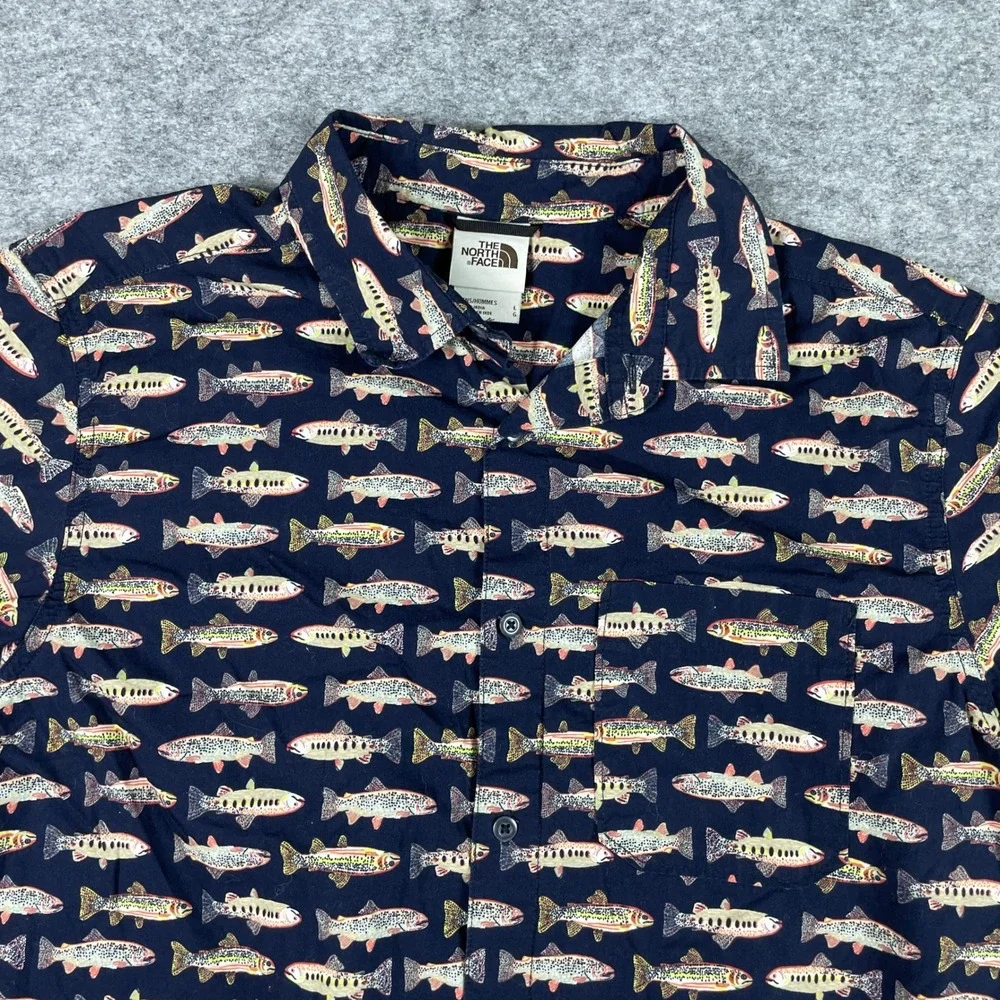 The North Face Shirt Mens L Navy Blue Trout Fish AOP Short Sleeve Button Down